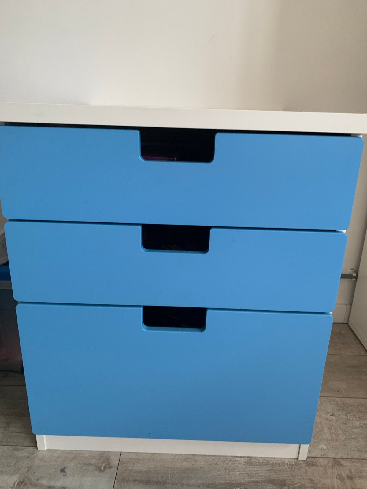 Ladekastje met 3 blauwe lades, Ophalen, Gebruikt, 100 tot 150 cm, 50 tot 100 cm