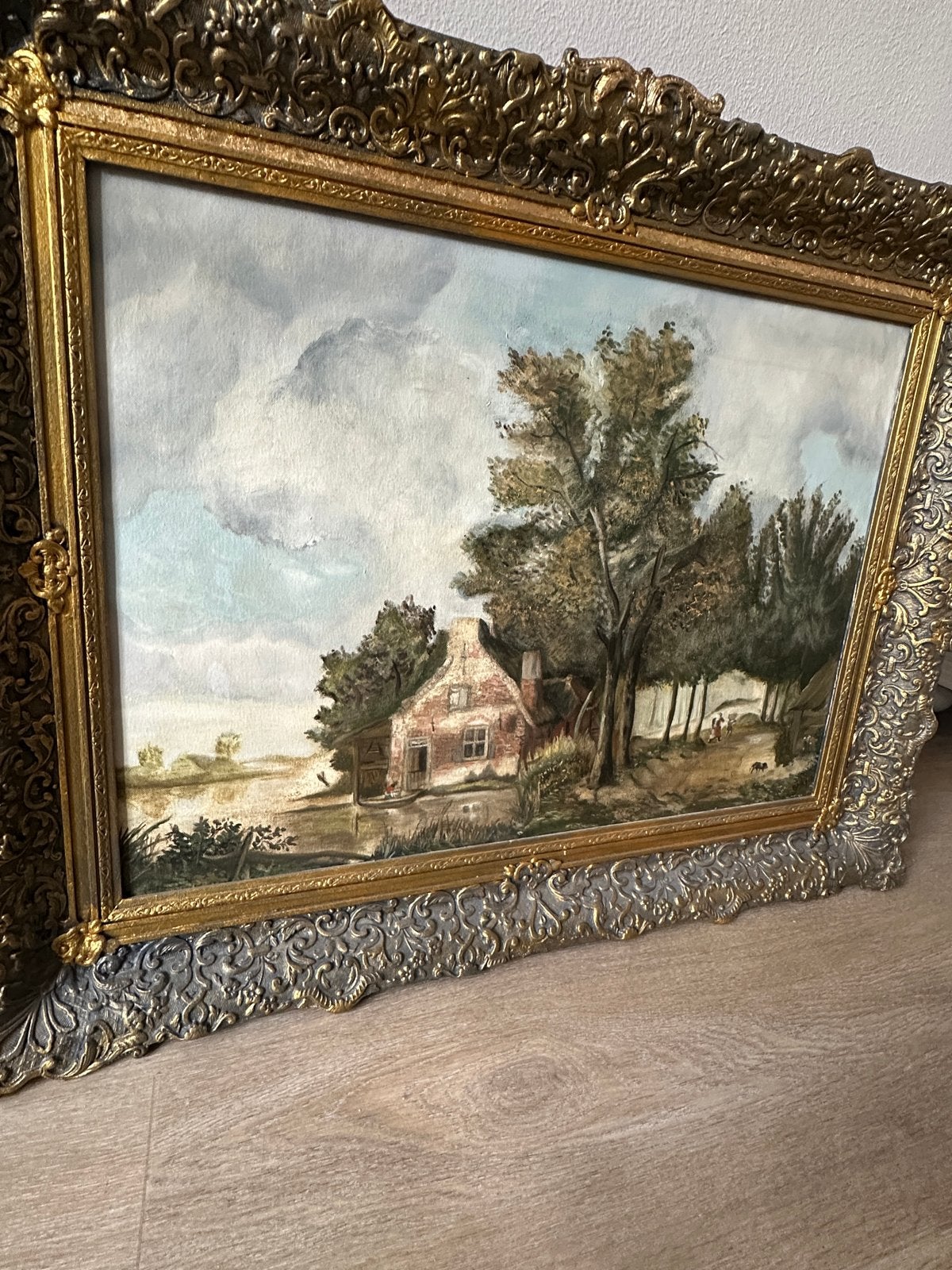 Klassiek Landschapsschilderij B. Meyer - Boerderij aan Water, Antiek en Kunst, Ophalen, Doek, Bijzondere lijst, Landschap