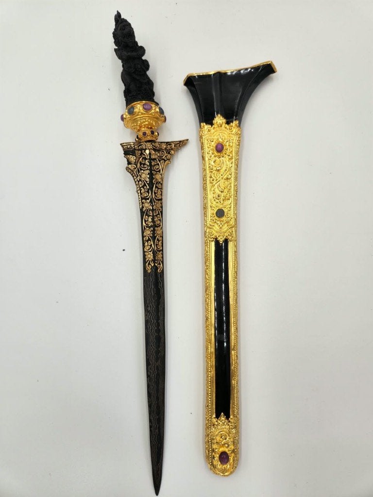 Keris Bali Lurus Beras Wutah Zilver Kinatah Goud KTC65, Verzenden, Overige materialen, Indonesië, Wapen