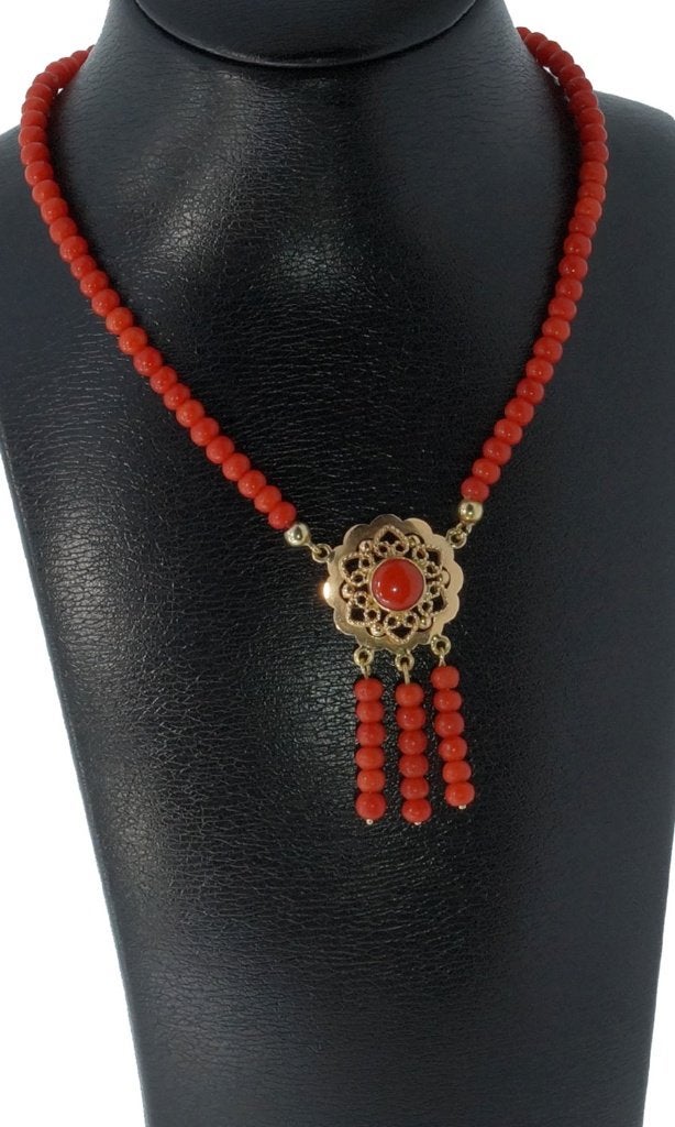 Bloedkoraal vintage ketting fraai 14k slot goud en hanger, Sieraden, Tassen en Uiterlijk, Antieke sieraden, Ophalen of Verzenden