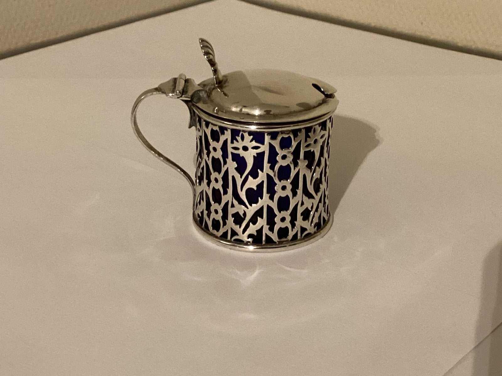 Sterling Zilveren Mosterdpot met Blue Liner, 1906, Antiek en Kunst, Ophalen of Verzenden, Zilver