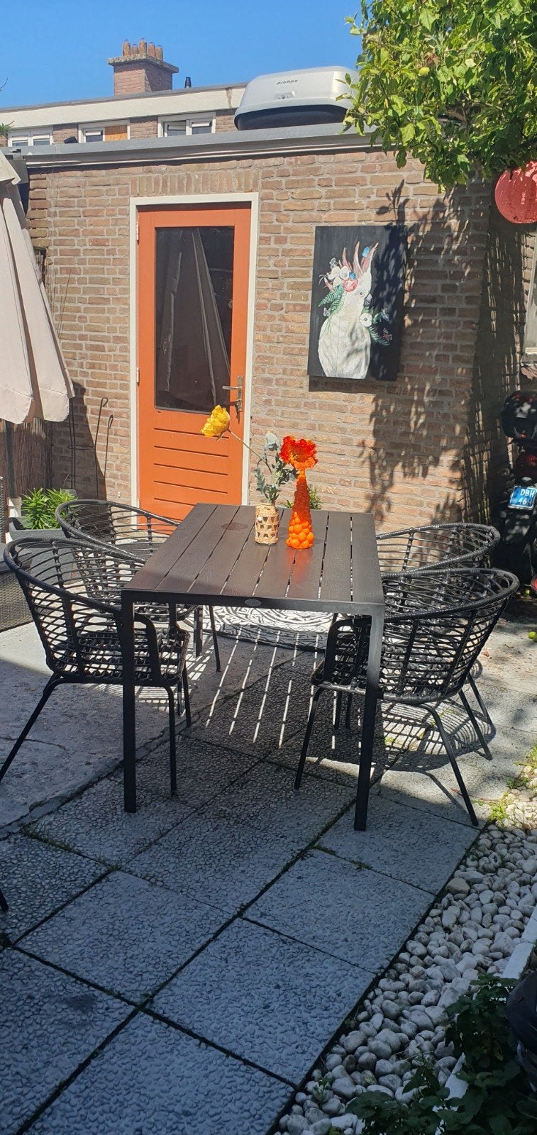 Tuintafel kunststof plus 4 (rotan kunststof)stoelen, Ophalen of Verzenden, Gebruikt, Kunststof