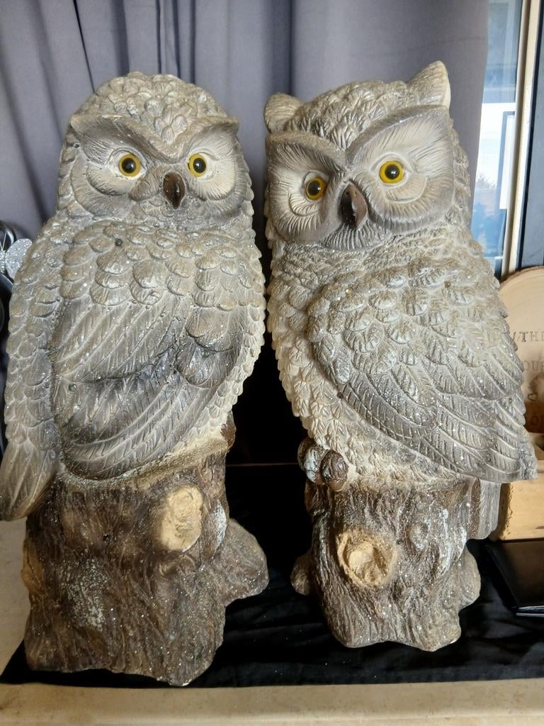 Lichtgevende uilen man en vrouw, Tuin en Terras, Tuinbeelden, Ophalen, Zo goed als nieuw, Kunststof, Dierenbeeld