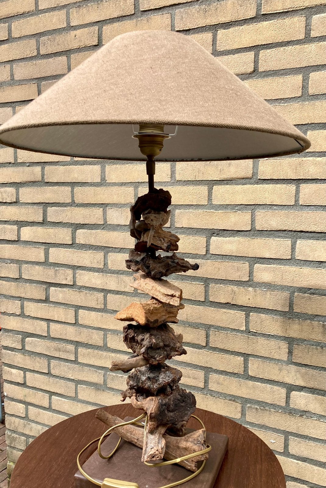 Unieke Driftwood Tafellamp met Katoenen Kap, Huis en Inrichting, Lampen | Tafellampen, Ophalen, Gebruikt, Hout