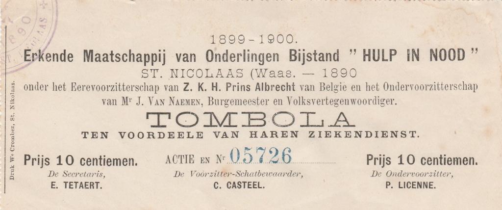Tombola St.Nicolaas Waas Belgie 1899-1900 10 cents, Ophalen of Verzenden, Gebruikt