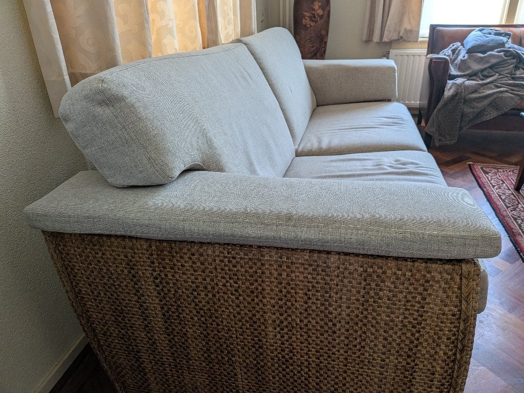Bank 3-zits stof met rotan, Huis en Inrichting, Ophalen, Gebruikt, Driepersoons, 75 tot 100 cm