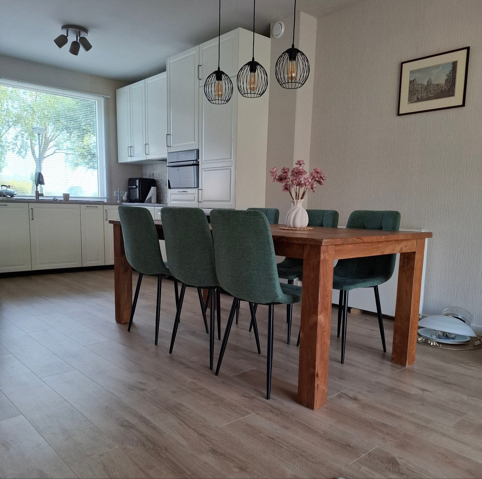 Zeer mooie complete set van Mango eettafel + 6 stoelen, Ophalen, Overige materialen, 200 cm of meer, 50 tot 100 cm