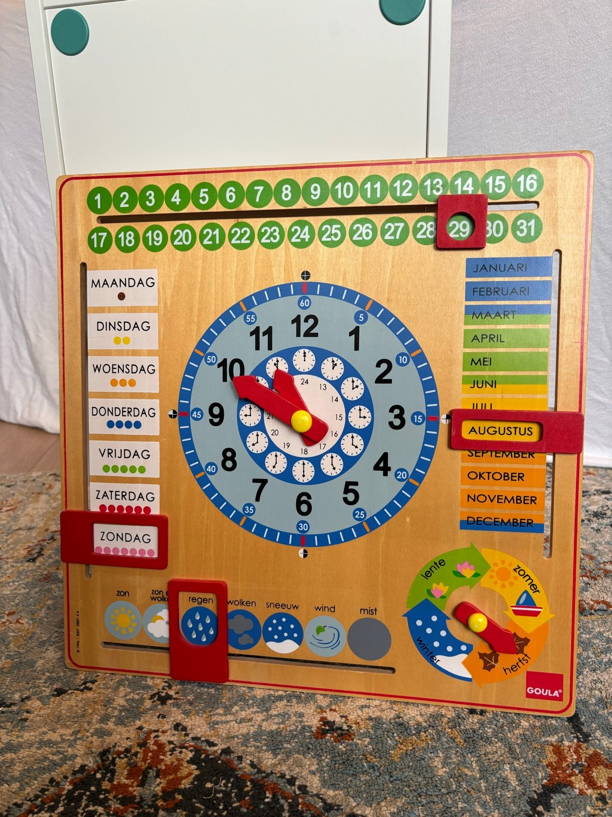 Goula Houten Kalenderklok - Leer Tijd, Dagen, Maanden, Kinderen en Baby's, Ophalen, Zo goed als nieuw, Taal en Lezen