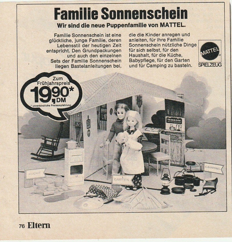 retro reclame 1976 Mattel Sunshine Family poppetjes & huis, Verzenden, Overige typen