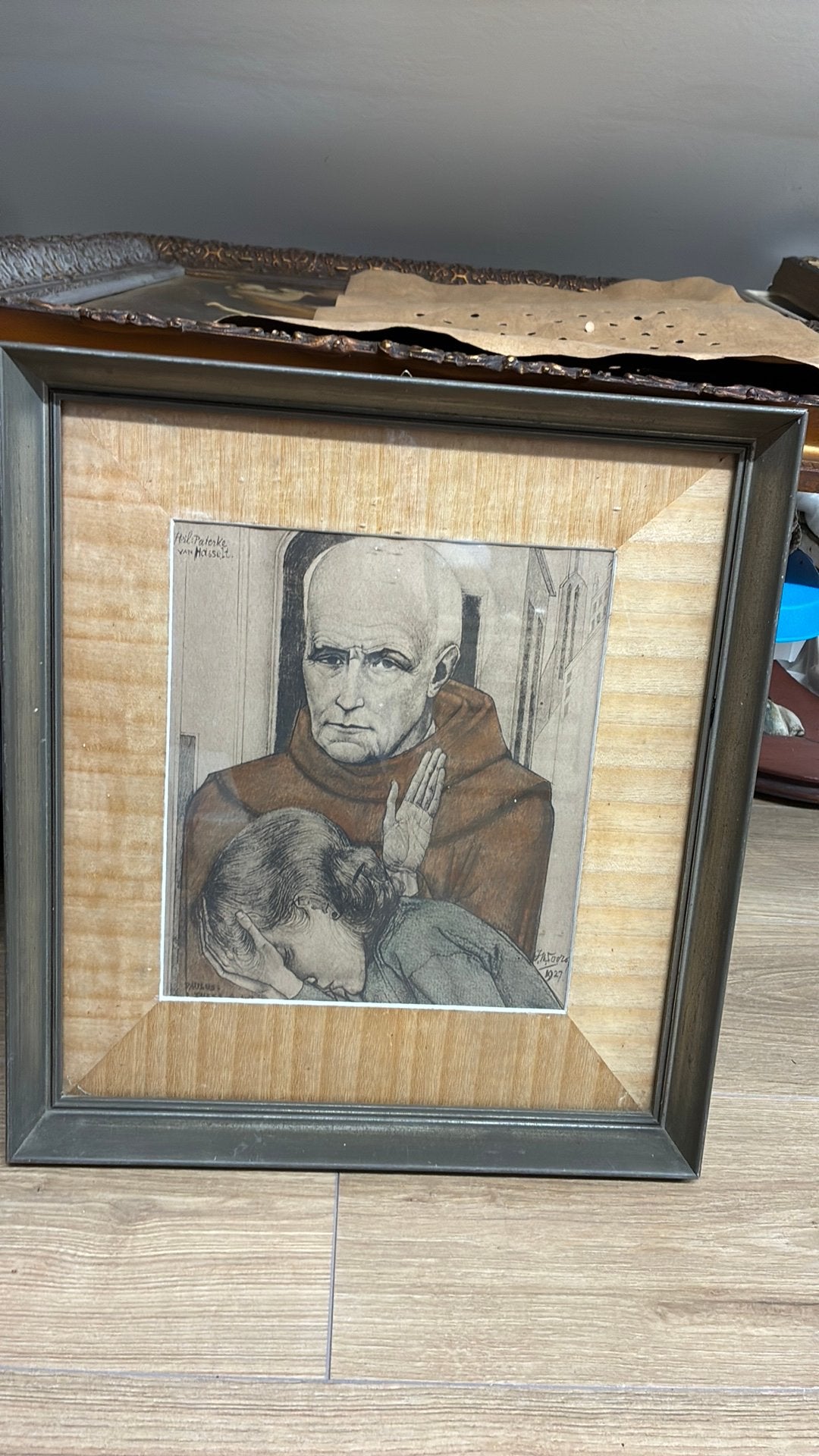 Vintage ingelijste litho prent van “Paterke van Hasselt”, Ophalen, Handgeschilderd, Print, Overige onderwerpen