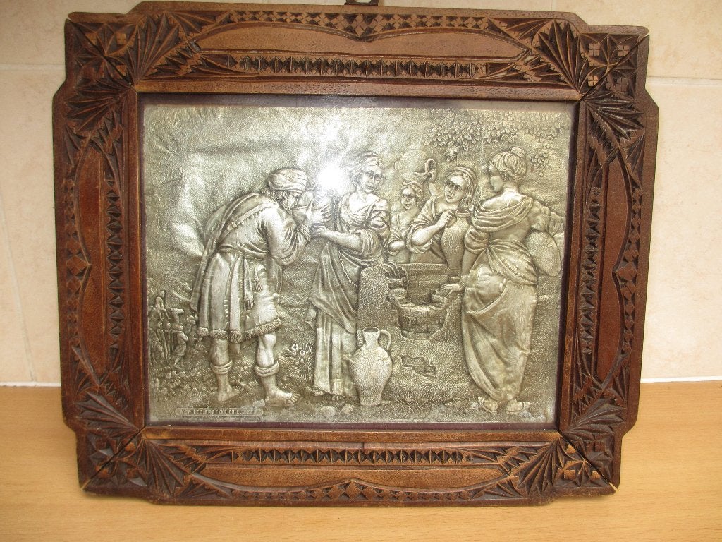Antiek Tinnen schilderij volkskunst met bijbels verhaal mooi, Ophalen of Verzenden