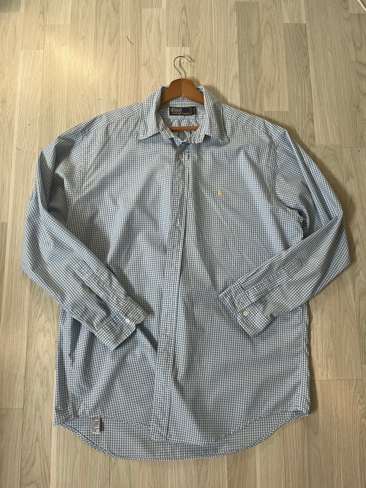 Ralph Lauren Polo blouse geruit blauw/wit, maat L, Ophalen of Verzenden, Gedragen, Blauw, Overige halswijdtes