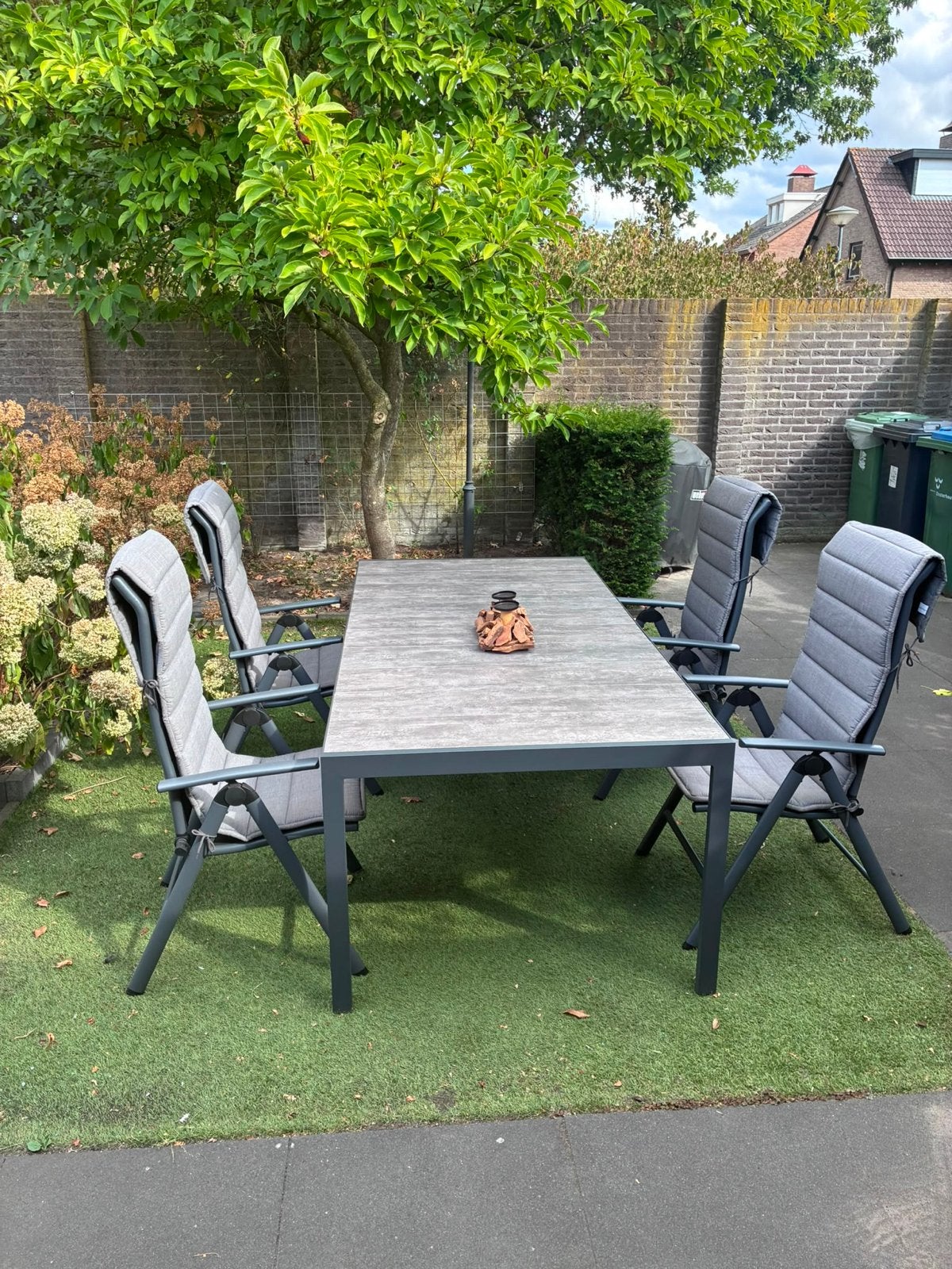 Tuintafel met 6 antraciet standenstoelen, z.g.a.n., Tuin en Terras, Ophalen, Zo goed als nieuw, Rechthoekig, Overige materialen