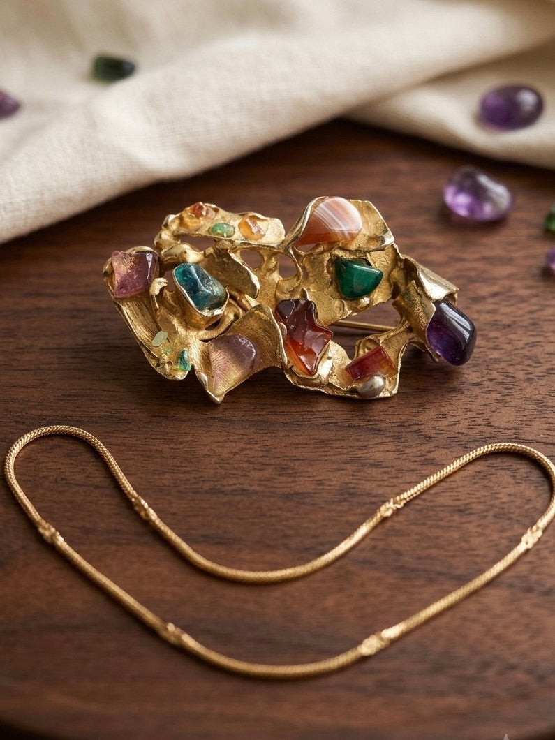 Vergulde vintageketting plus broche bezet met half edelsteen, Overige materialen, Gebruikt, Ophalen of Verzenden, Nvt