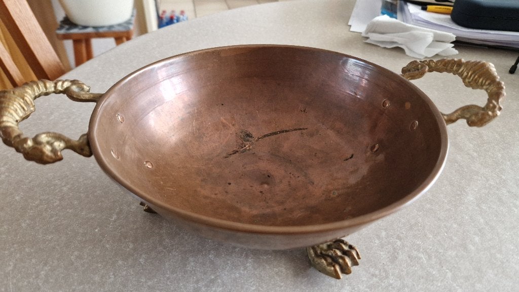 antieke koperen schaal met handvatten, Antiek en Kunst, Ophalen of Verzenden, Koper