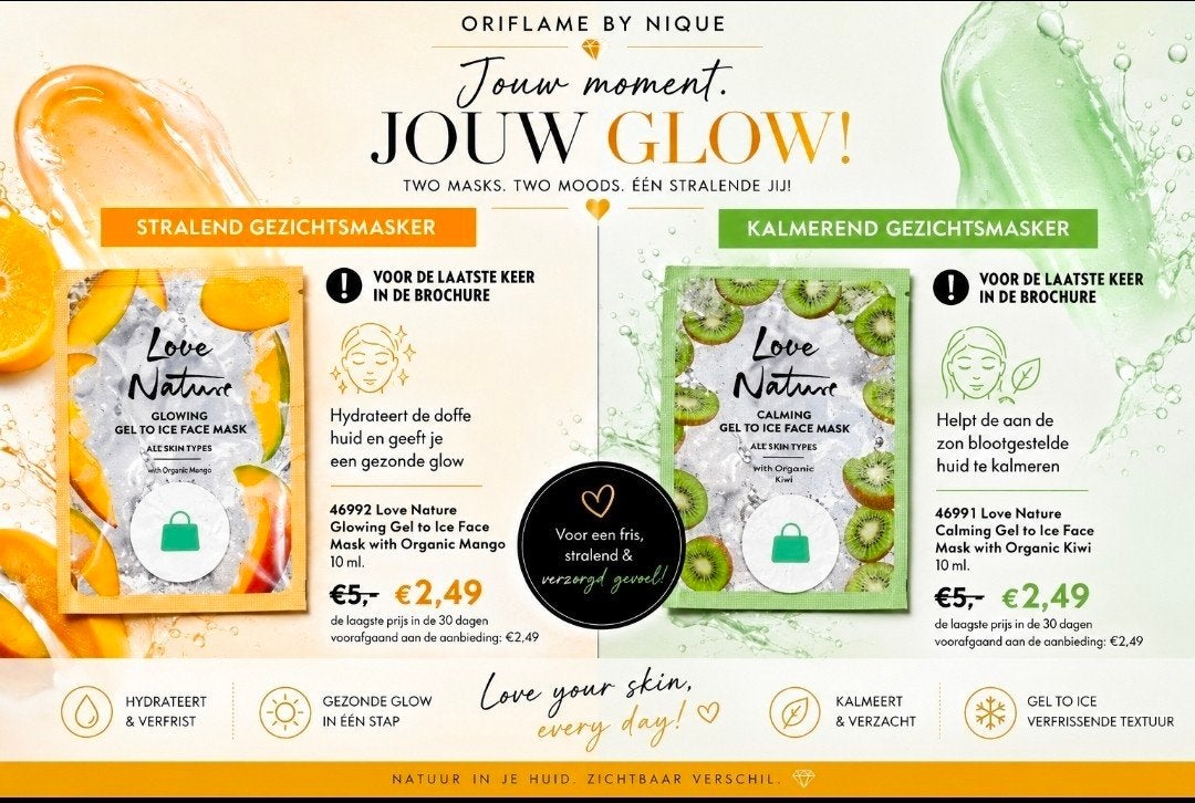 Oriflame Love Nature Gezichtsmasker - Mango of Kiwi, Ophalen of Verzenden, Nieuw, Gehele gezicht, Verzorging