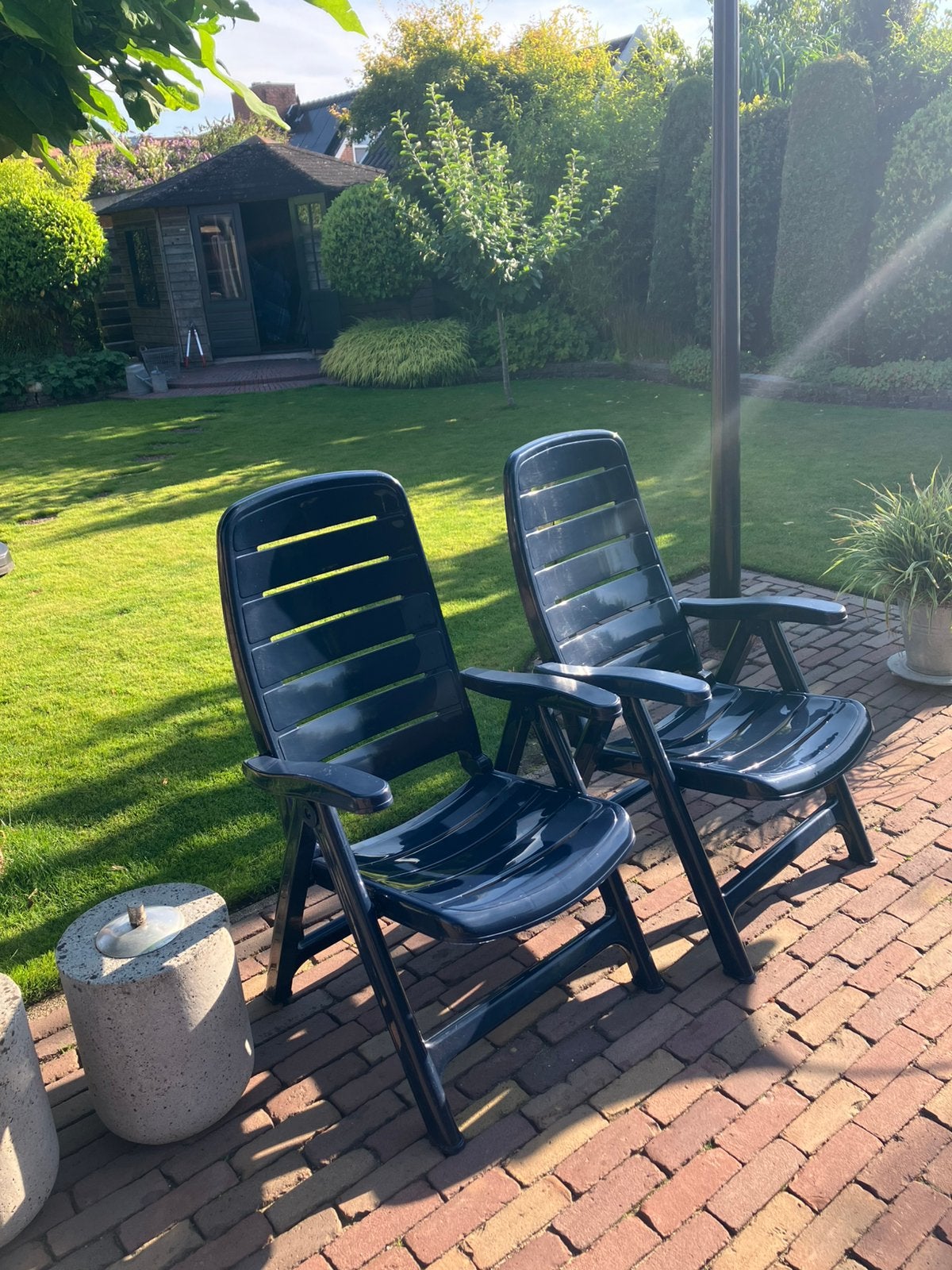 2 blauwe tuinstoelen, Ophalen, Zo goed als nieuw, Kunststof, Verstelbaar