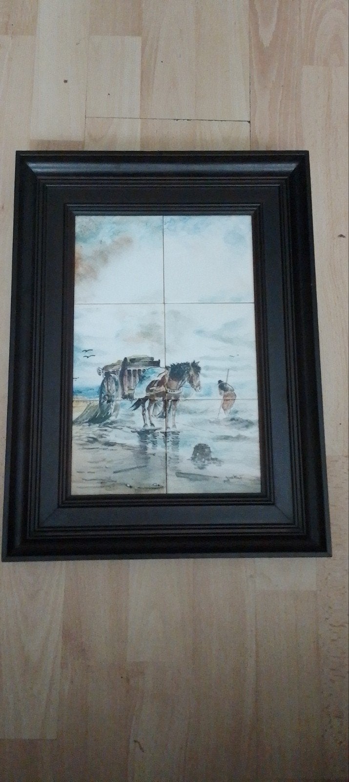 Ingelijste tegel tableau met paard en visser, 50 – 75, Gebruikt, Ophalen of Verzenden, Schilderij