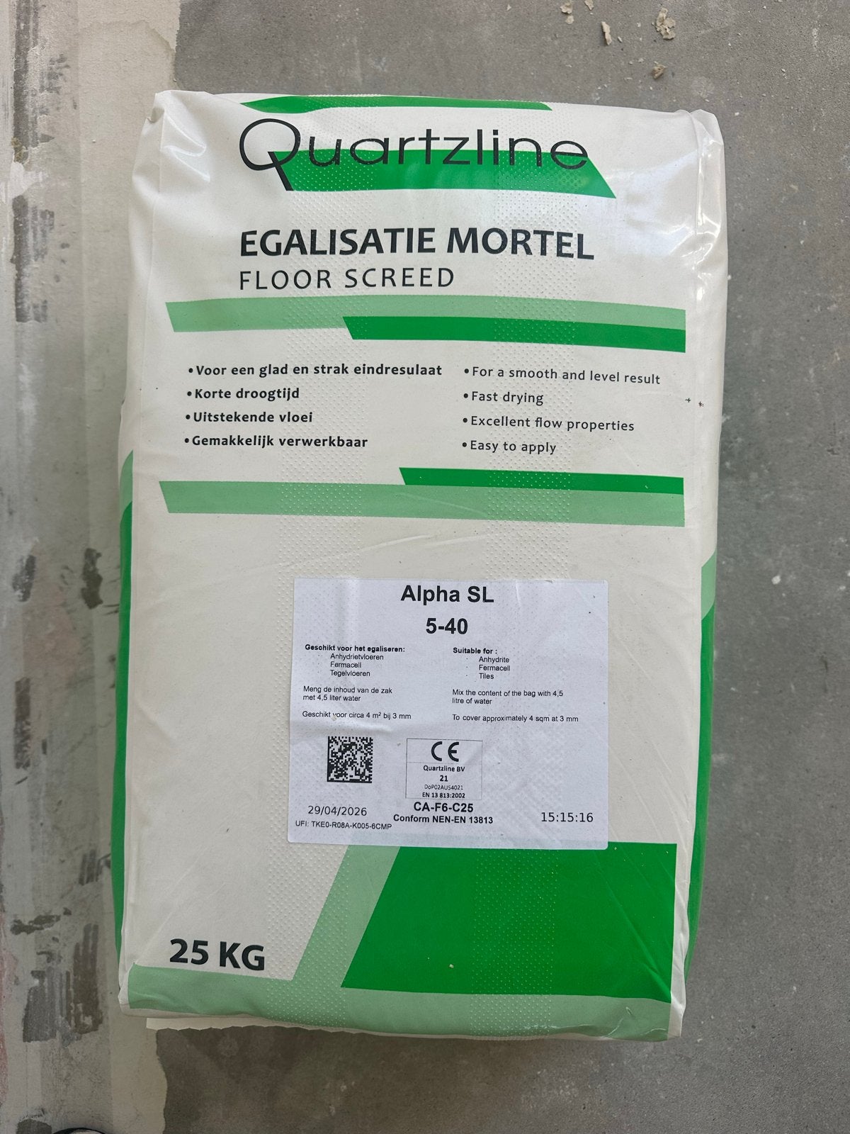 Quartzline Egalisatiemortel Floor Screed Alpha SL 5-40 (25kg, Ophalen, Nieuw