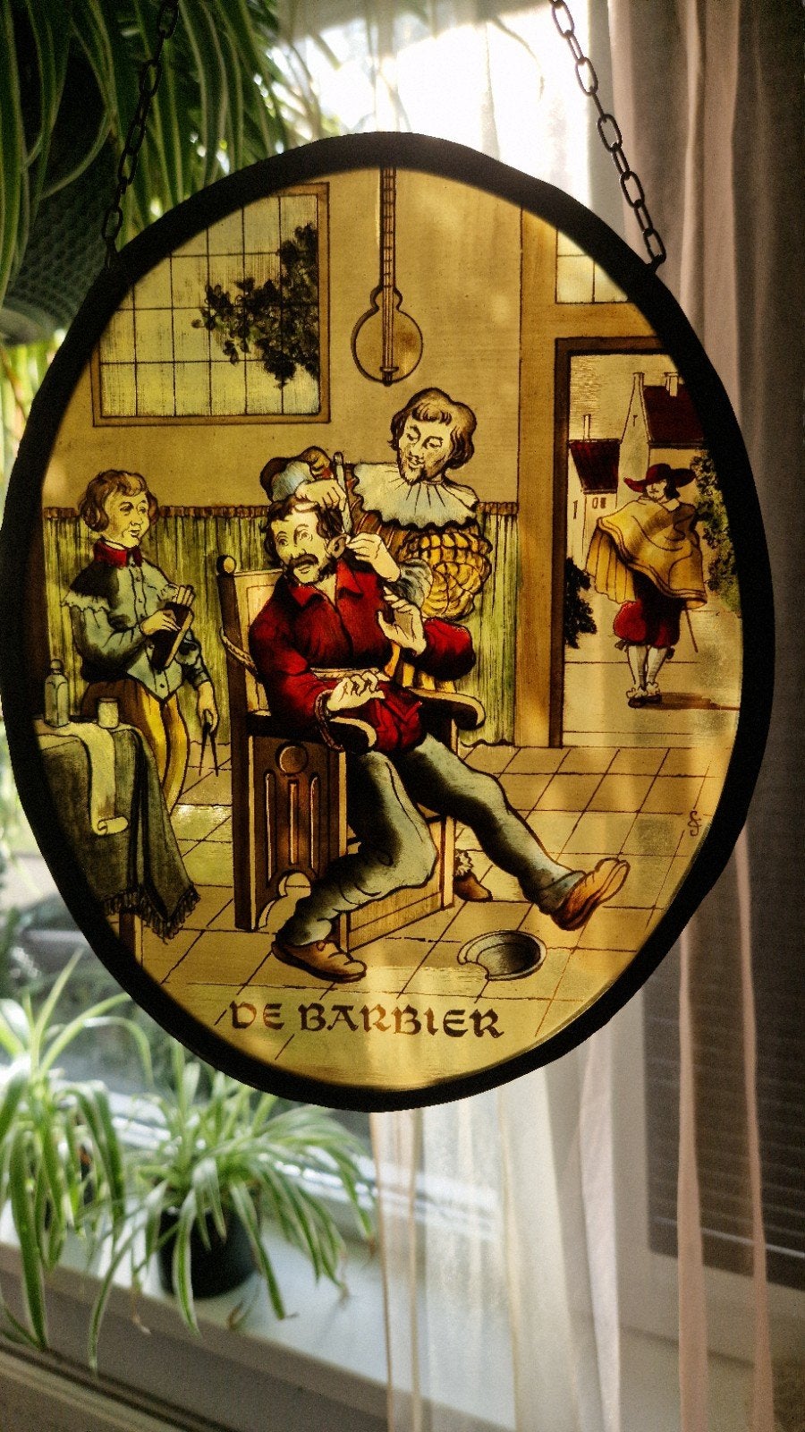 Antiek Glas-in-lood Raamhanger 'De Barbier', Antiek en Kunst, Verzenden