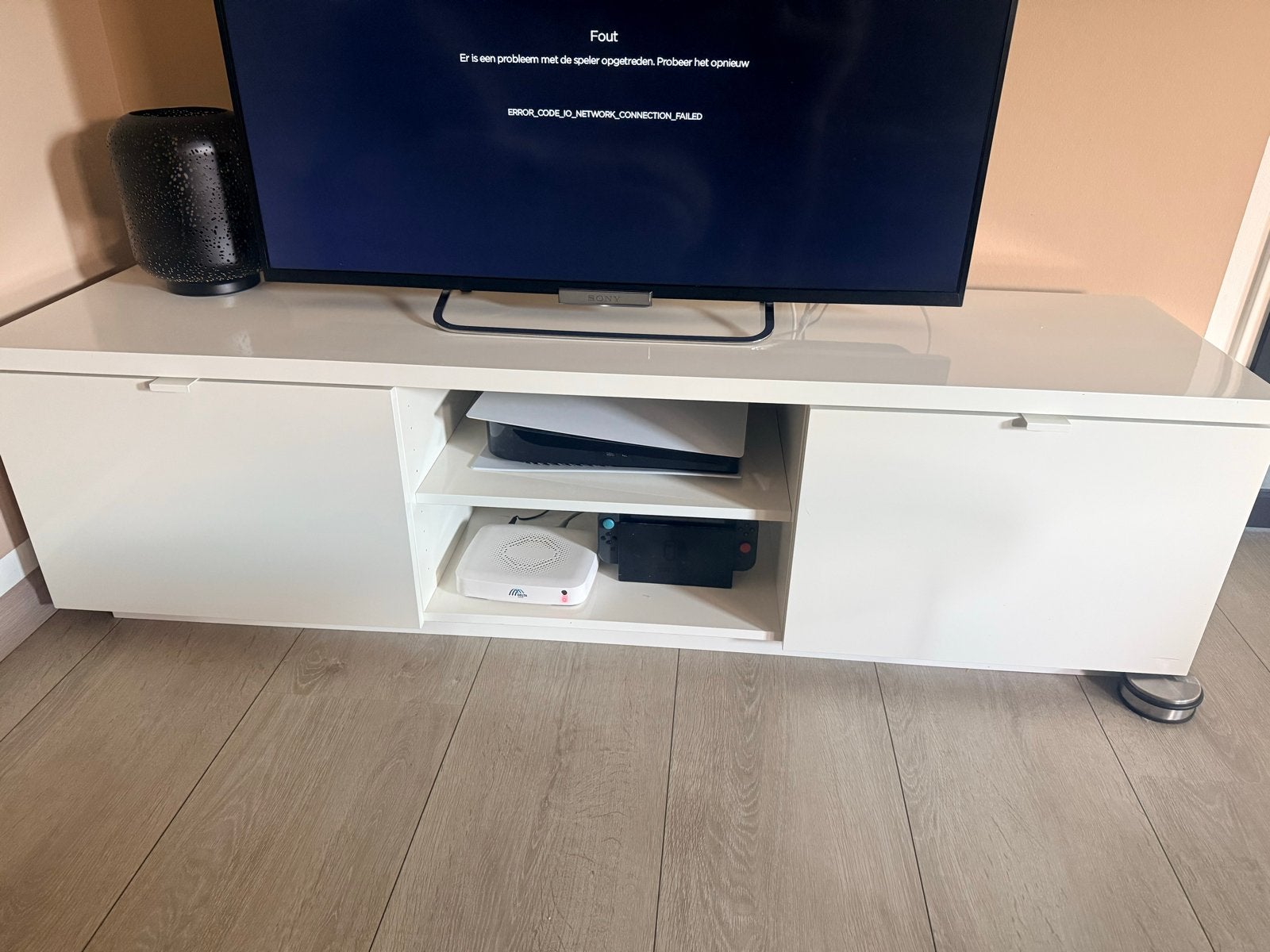 Witte TV-meubel met opbergruimte, Ophalen, Overige materialen, Gebruikt, 150 tot 200 cm