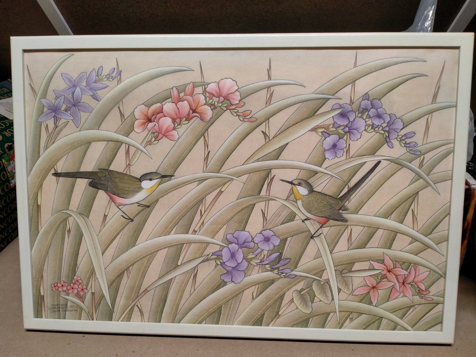 Schilderij met vogels en bloemen - Pengoskan Community, Antiek en Kunst, Doek, Realistisch, Dieren, Ophalen of Verzenden
