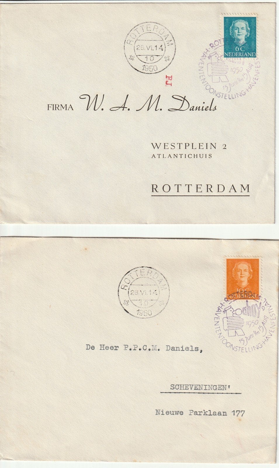 2 enveloppen Havententoonstelling Havenfestival 1950 Rotterd, Ophalen of Verzenden, Envelop