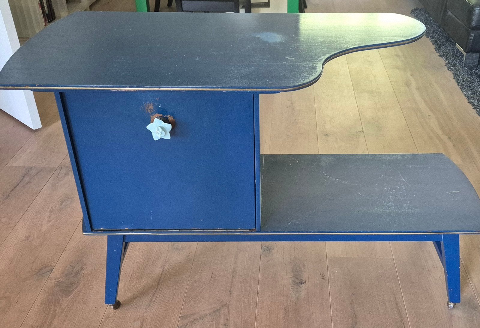 Vintage blauwe bijzettafel met opbergruimte, Ophalen