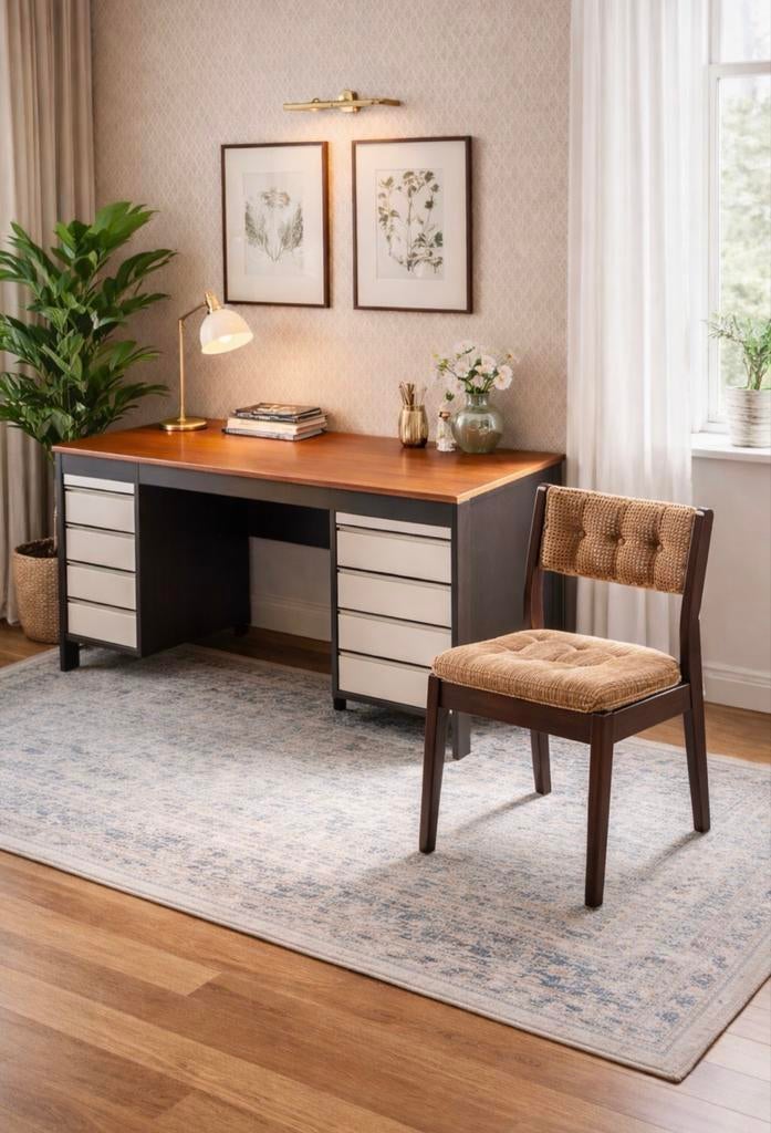 Vintage notenhouten bureau met bureaustoel, Huis en Inrichting, Bureaus, Ophalen, Gebruikt