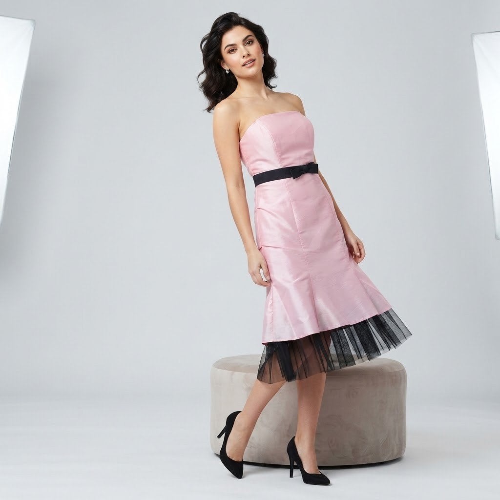 Roze cocktailjurk met zwarte tule en strik, maat 36, Cocktailjurk, Ophalen of Verzenden, Roze, Maat 36 (S)