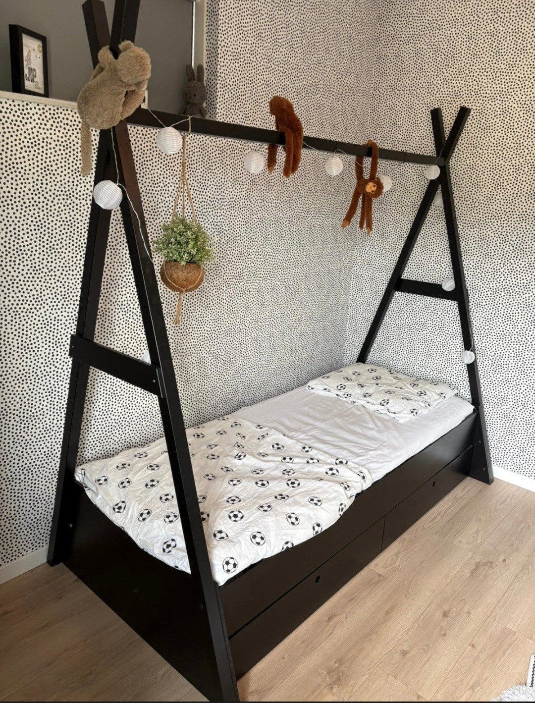 Kinderbed Zwart tipi bed met lades - Eenpersoons, Huis en Inrichting, Ophalen, Gebruikt, 90 cm, Eenpersoons