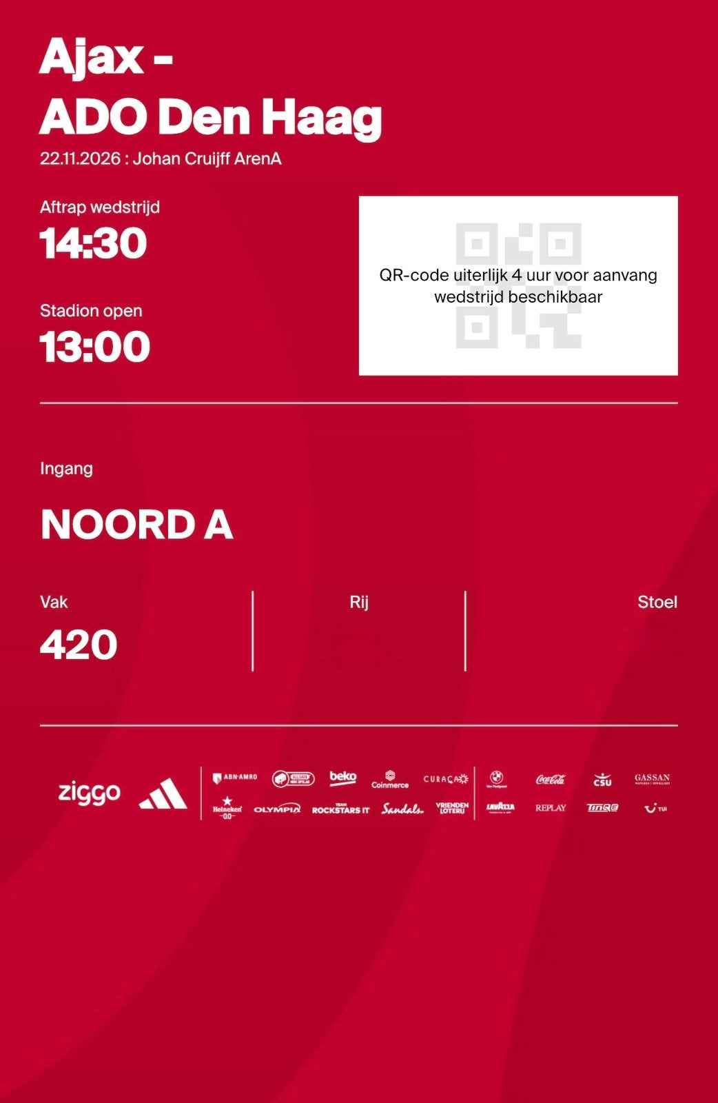 2 Tickets Ajax - ADO VAK420, Twee personen, November
