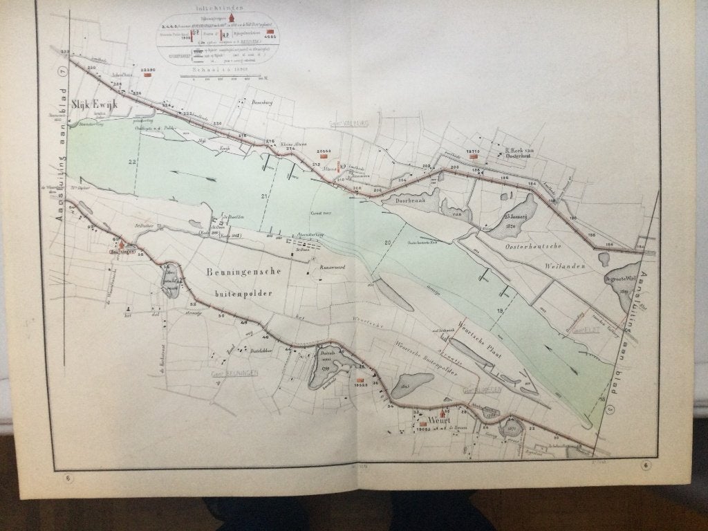 Weurt, Beuningen, Slijk Ewijk, 1872., Antiek en Kunst, Kunst | Etsen en Gravures, Verzenden, Cartografie, Origineel, 51 cm