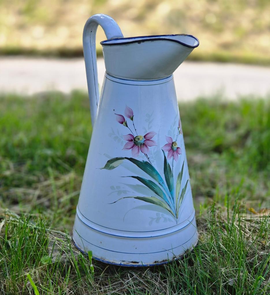 Brocante emaille waterkan met bloemen uit Frankrijk, Antiek en Kunst, Ophalen of Verzenden