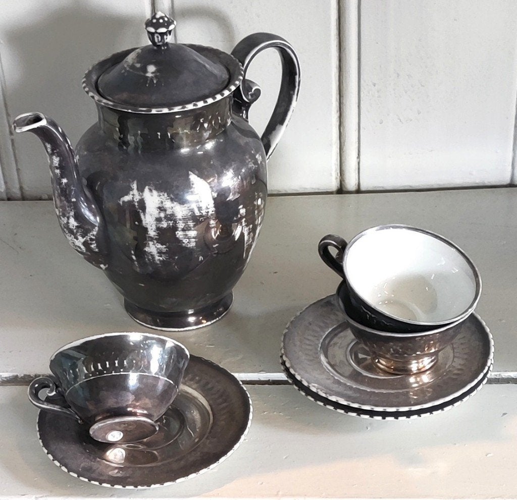 Theepot en 3 kop en schotels zilver op porselein circa 1930, Antiek en Kunst, Ophalen of Verzenden