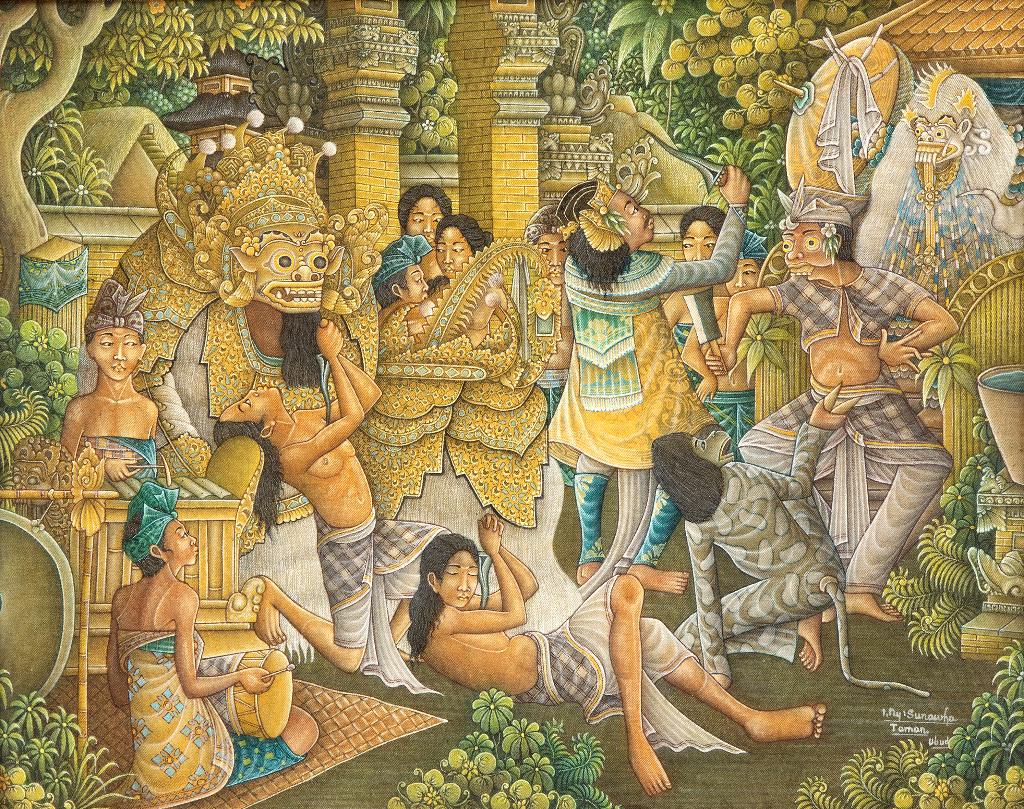 Indonesisch schilderij offer scene I ny. Sunawaha circa 1960, Ophalen