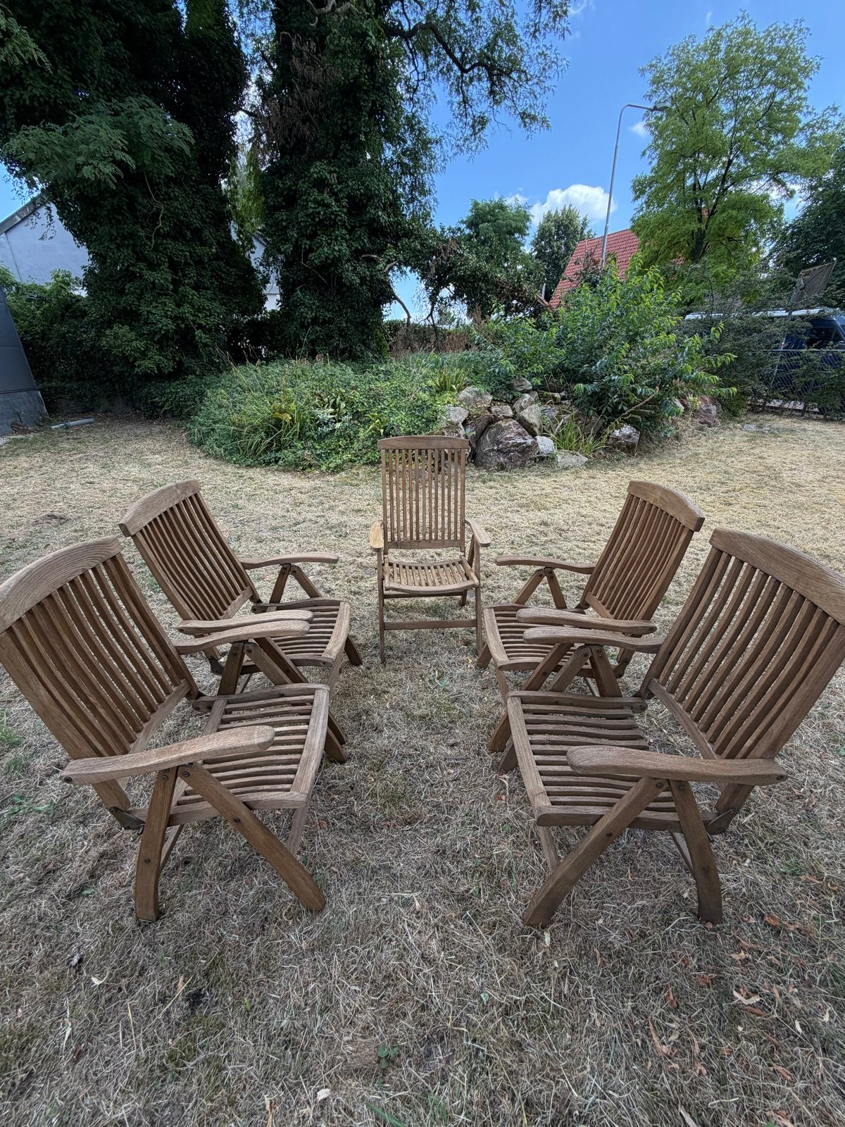 5 verstelbare teakhouten tuinstoelen, Tuin en Terras, Tuinstoelen, Ophalen, Gebruikt