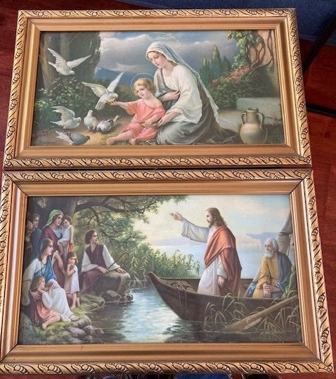 2 Vintage christelijke religieuze schilderijen, Ophalen of Verzenden