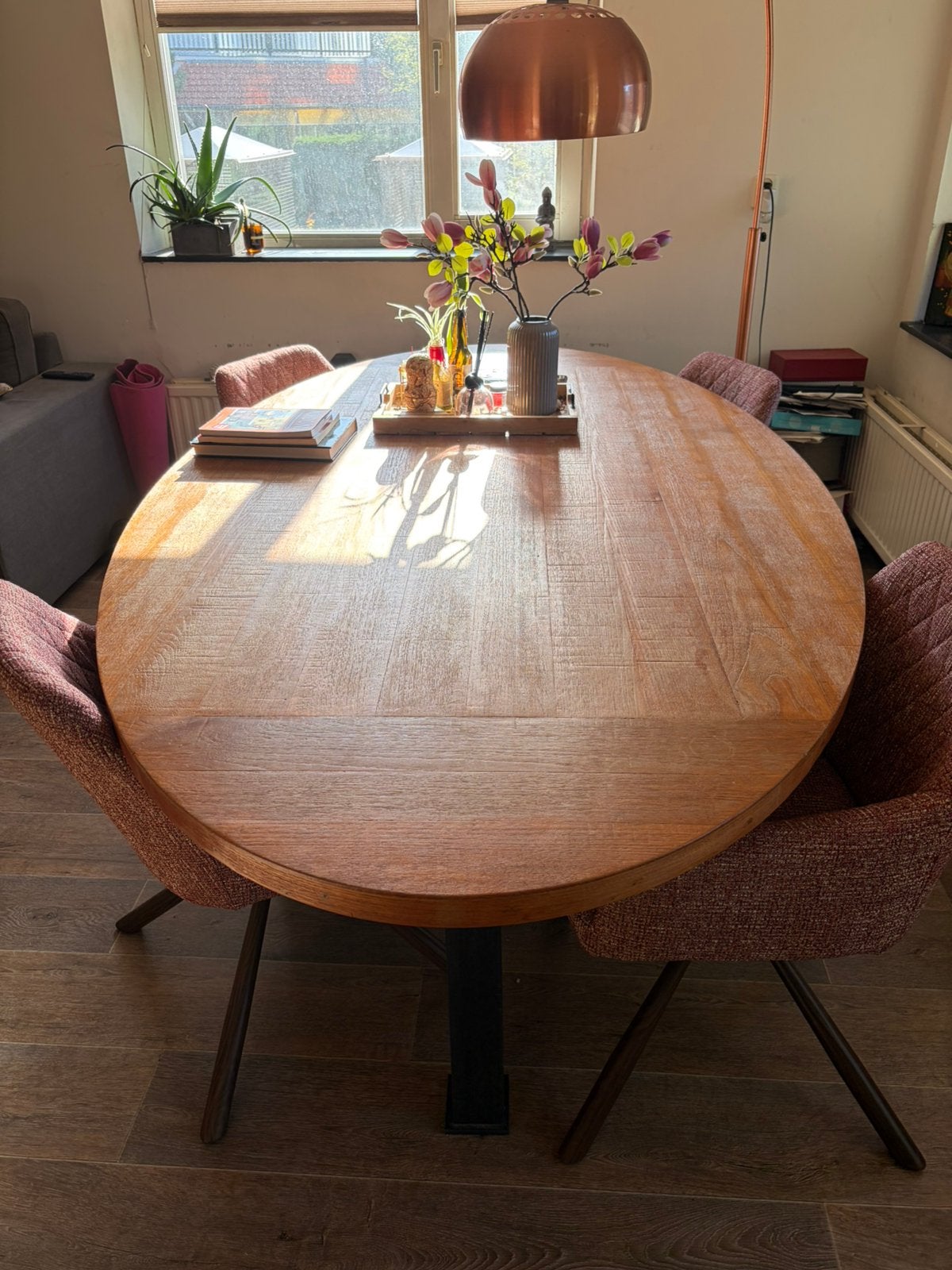 industriële eettafel +4 luxe blush draaistoelen, Ophalen, Gebruikt, 100 tot 150 cm, Eikenhout