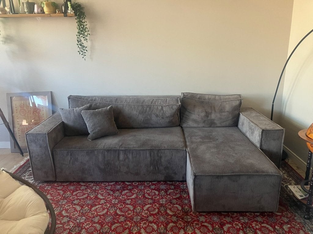 3 zitsbank in Taupe ribstof, Ophalen, 125 tot 150 cm, Driepersoons, Zo goed als nieuw