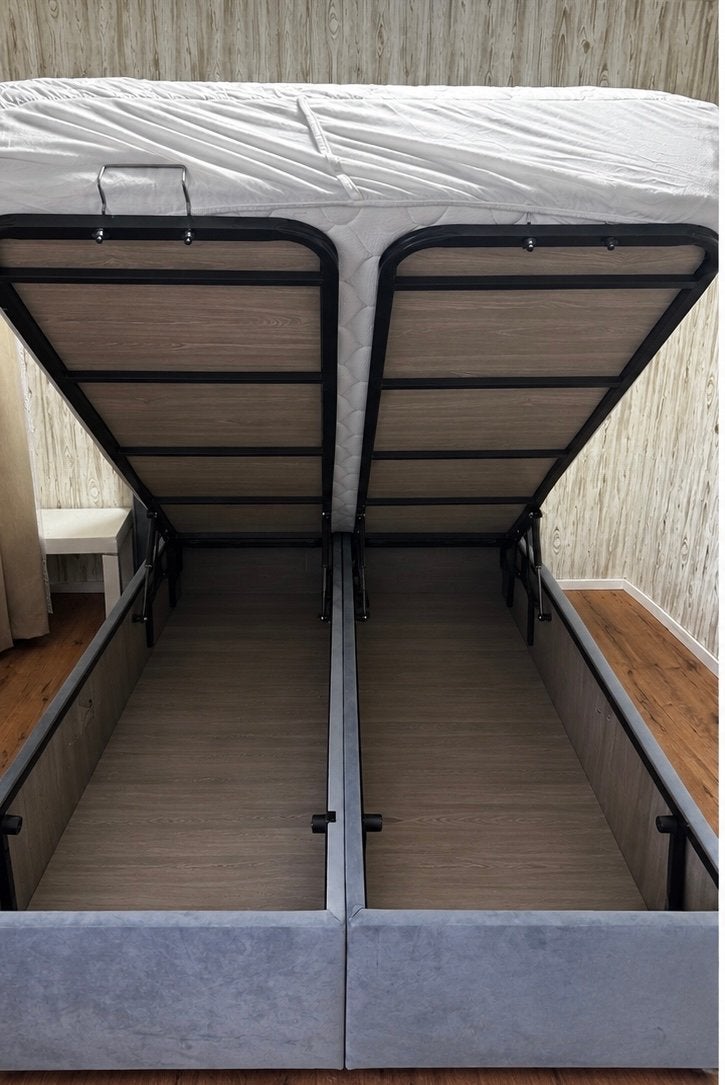 Tweepersoonsbed met opbergruimte en gestoffeerd hoofdbord, Ophalen, Gebruikt, Tweepersoons, 140 cm