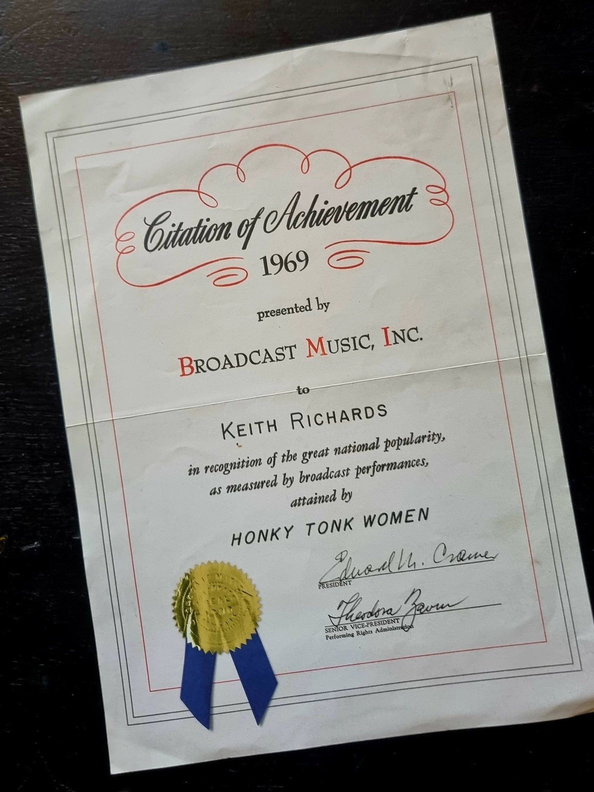 Keith Richards BMI Citation of Achievement 1969, Ophalen of Verzenden, Gebruikt, Foto of Kaart, Gesigneerd