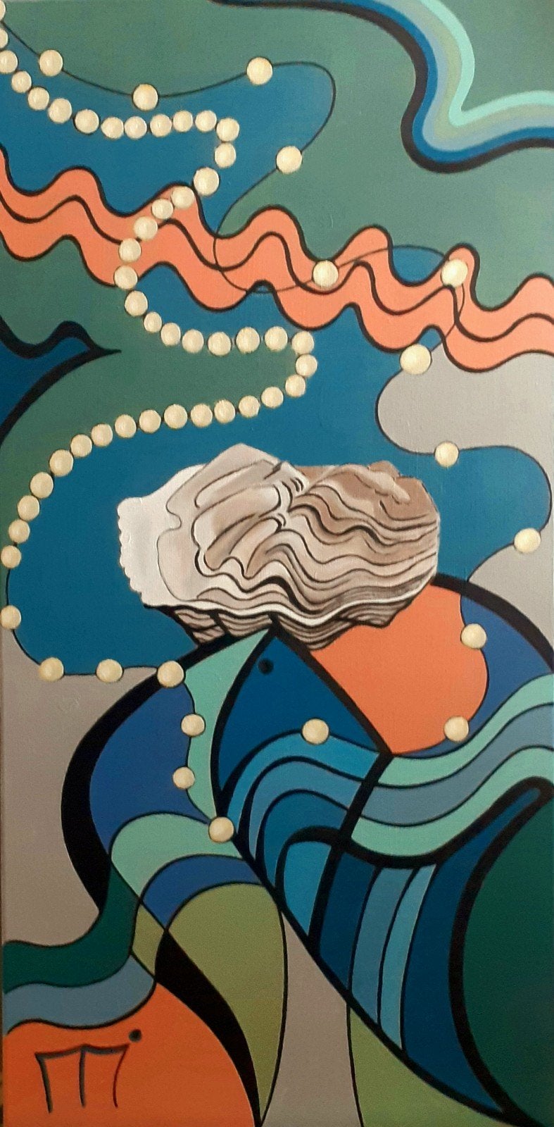 Abstract acrylverfschilderij op doek: oesterschelp (50x100), Antiek en Kunst, Ophalen of Verzenden