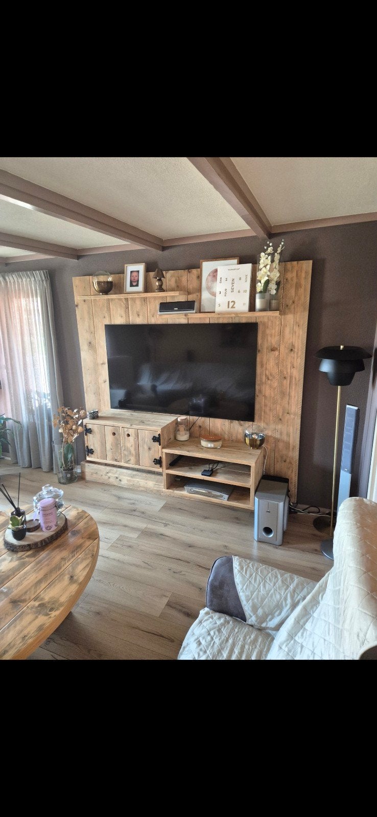 Steigerhouten TV-wand met kastjes en insteeklade, Gebruikt, 200 cm of meer, Industrieel, Landelijk, Ophalen of Verzenden