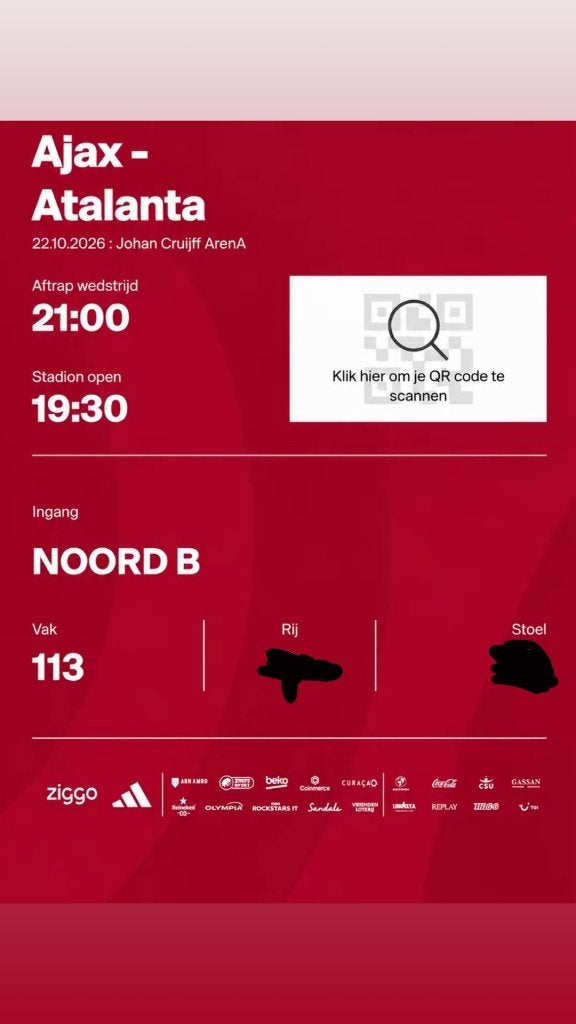 2 kaartjes Ajax - Atalanta Vak 113, Losse kaart, Twee personen, Oktober, Europa of Champions League