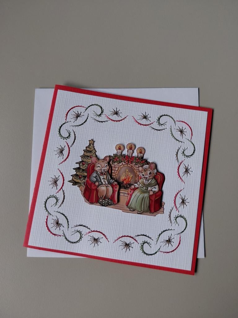 Handgemaakte Kerstkaart met Muisjes bij de Haard, Ophalen of Verzenden, Nieuw, Kerst