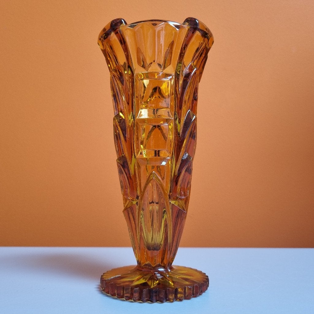 vintage art deco persglas amberkleurig vaasje, Antiek en Kunst, Antiek | Glas en Kristal, Verzenden