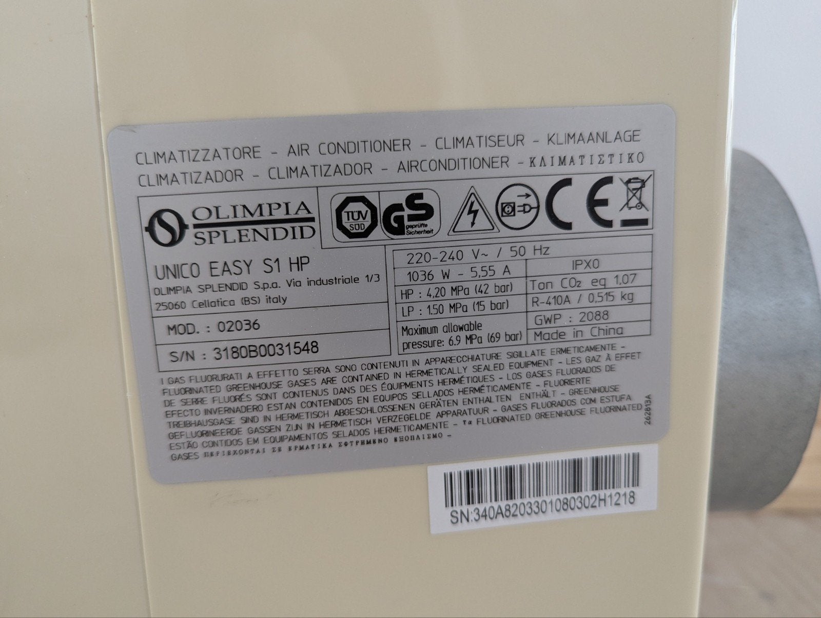 Olimpia Splendid Unico Easy S1 HP Wandairco, Witgoed en Apparatuur, Ophalen, Gebruikt, Minder dan 60 m³, 3 snelheden of meer