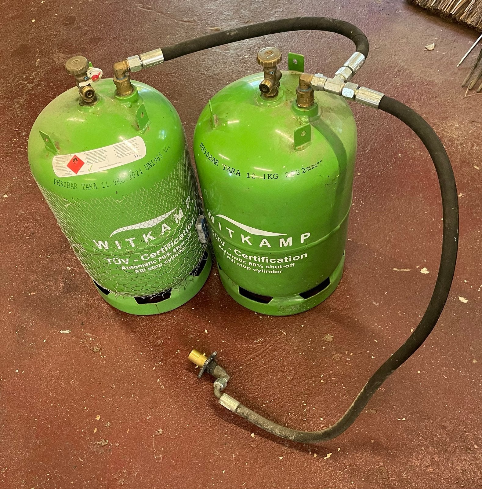 2x Witkamp gasflessen met slang en vul koppeling lpg., Ophalen, Gebruikt