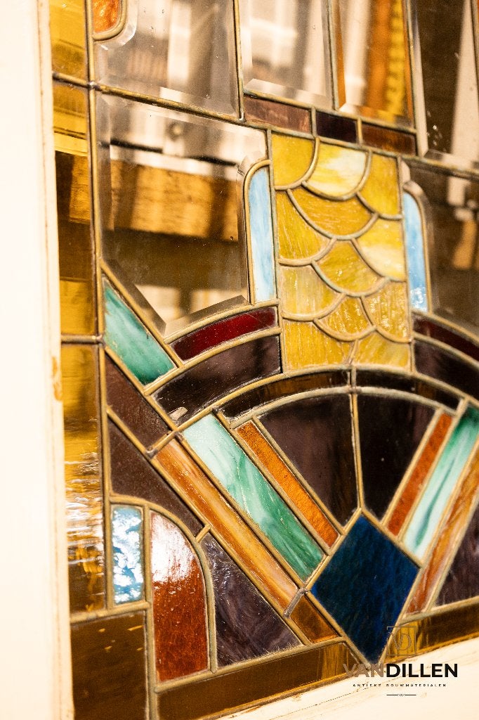 Unieke 7 delige set antieke glas in koper art deco deuren, Doe-het-zelf en Verbouw, Deuren en Horren, Gebruikt, 120 cm of meer